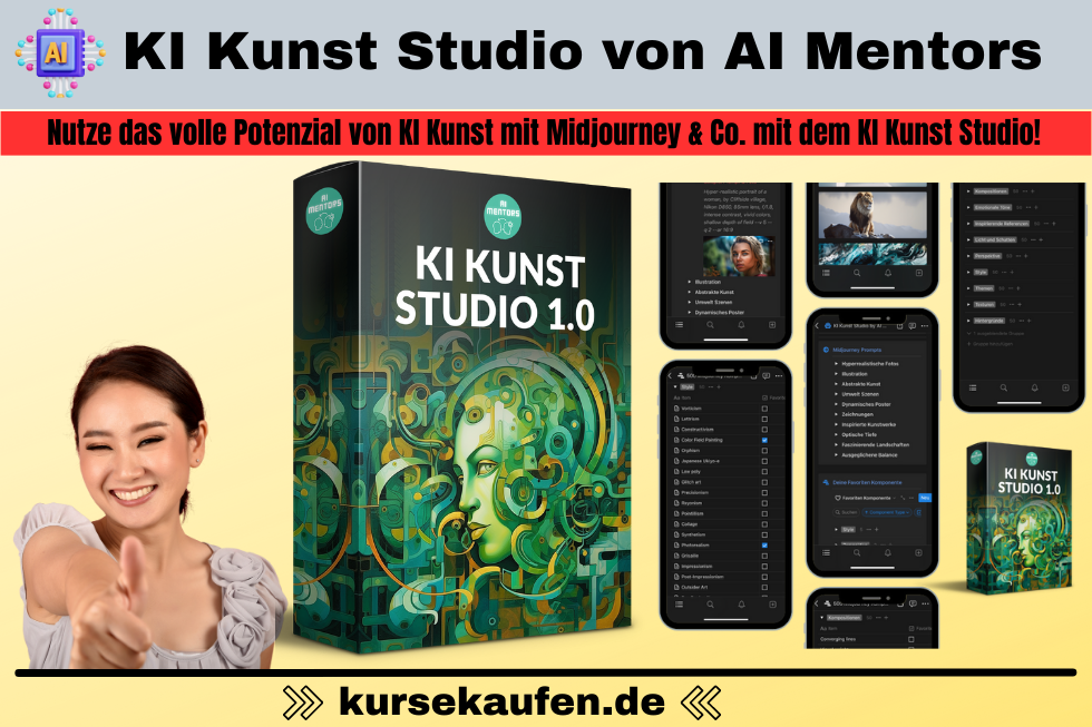KI Kunst Studio von AI Mentors. Nutze das volle Potenzial von KI Kunst mit Midjourney & Co. mit dem KI Kunst Studio