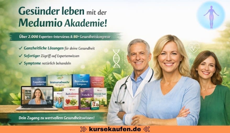 Medumio Gesundheitsakademie - Dein Schlüssel zu umfassendem Gesundheitswissen 4 Entdecke die Medumio Gesundheitsakademie mit über 2.000 Experteninterviews, ganzheitlichem Gesundheitswissen und neuen Kongressen ohne Mehrkosten. Zu sehen sind die verschedenen Kurse der Akademie