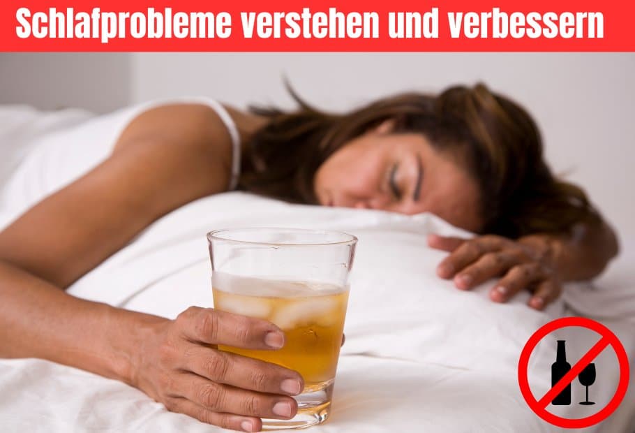 Schlafprobleme verstehen und verbessern - Tipps für einen besseren Schlaf.
Eine Frau mit Alkohol, welche nicht einschlafen kann! Alkohol verhindert das!