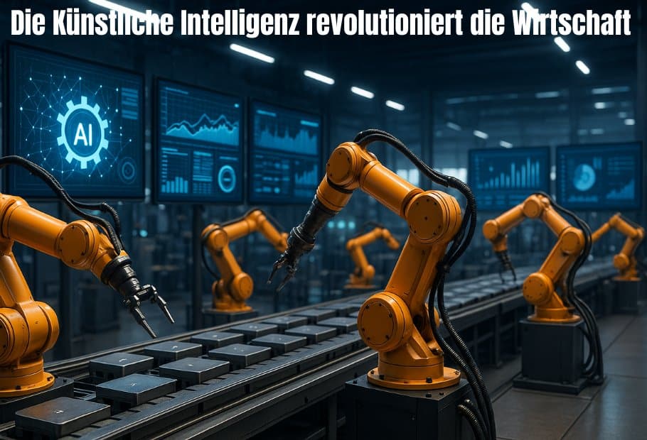 Die Künstliche Intelligenz revolutioniert die Wirtschaft. Auf dem Foto sind AI Roboter zu sehen, welche in der Fließfertigung arbeiten.