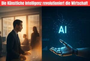 Die Künstliche Intelligenz revolutioniert die Wirtschaft. Zu sehen ist eine AI Roboter Hand und ein Mensch vor einem Bildschirm