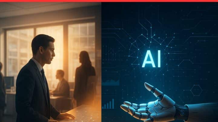 Die Künstliche Intelligenz revolutioniert die Wirtschaft. Zu sehen ist eine AI Roboter Hand und ein Mensch vor einem Bildschirm