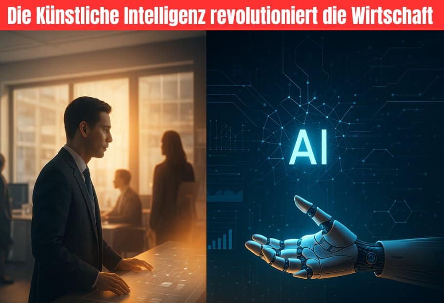 Die Künstliche Intelligenz revolutioniert die Wirtschaft 1 Die Künstliche Intelligenz revolutioniert die Wirtschaft. Zu sehen ist eine AI Roboter Hand und ein Mensch vor einem Bildschirm