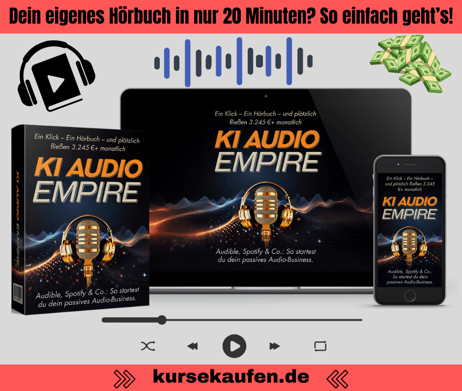 KI Audio Empire ist aktuell DIE Abkürzung im boomenden Hörbuchmarkt von Ralf Schmitz und den Sales Angels. Zu sehen ist das Produkt samt Cover