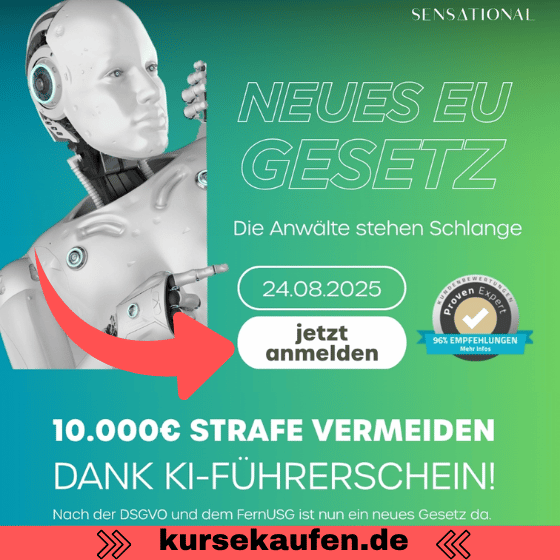 KI Führerschein - Bastian Sens - Sensational Academy. KI Prozesse für Marketing und Vertrieb. Auf dem Bild ist ein KI Roboter und die Anmeldung zum Webinar zu sehen