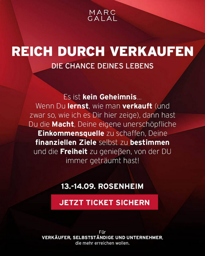 Reich durch Verkaufen von Marc Galal. Ein Spruch von Marc Galal zum Thema und Eventbeschreibung sind zu sehen