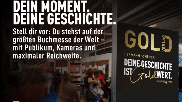 Der Messetalk mit Hermann Scherer auf der Frankfurter Buchmesse. Zu sehen ist ein Plakat von der Frankfurter Buchmesse mit dem Gold Programm von Hermann Scherer