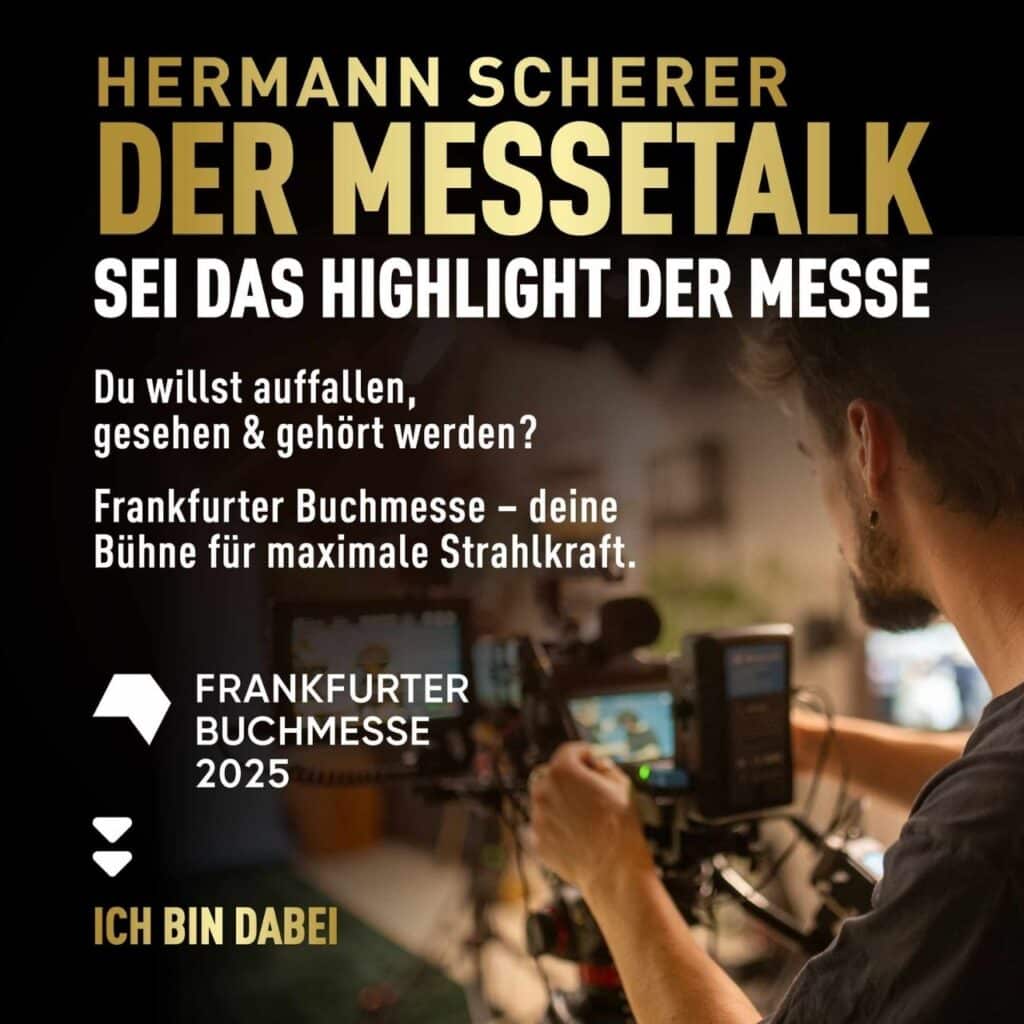 Hermann Scherer - Der Messetalk mit auf der Frankfurter Buchmesse. Zu sehen ist ein Plakat von der Frankfurter Buchmesse