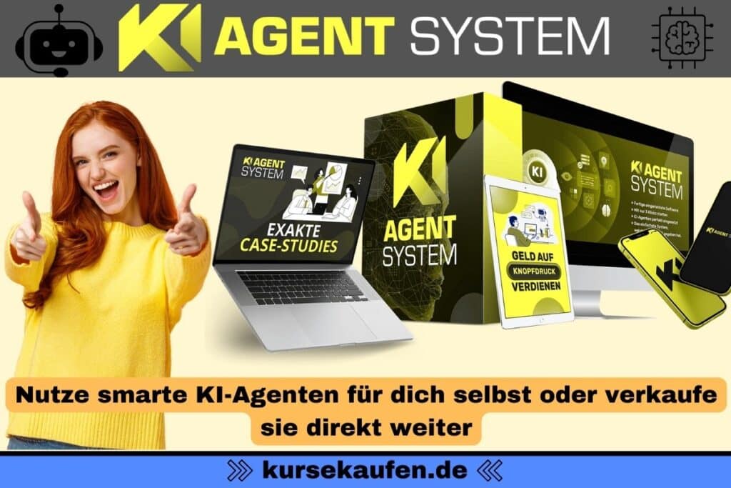 Das KI Agent System von Sven Hansen, Tommy Seewald und Claudio Trento. Das Bild zeigt das Produkt und eine jubelnde Frau, welche sich für das KI-System entschieden hat.