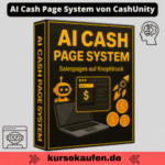 Erstelle in Minuten eine verkaufsstarke Salespage mit KI. Das AI Cash Page System von CashUnity zeigt dir Schritt für Schritt, wie du Texte, Layout und rechtliche Seiten automatisierst. Zu sehen ist das Produkt als 3D Box