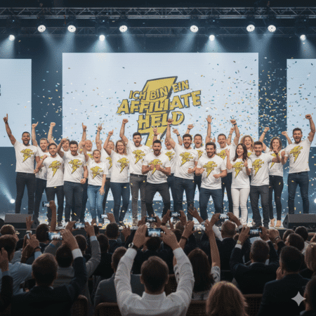 Die Affiliate Helden Live KI-Strategie von Ralf Schmitz – In 3 Tagen online Geld verdienen mit KI. Das Publikum jubelt vor einer Leinwand den Gästen zu. Im Hintergrund eine große Leinwand mit dem Schriftzug "Ich bin ein Affiliate Held"