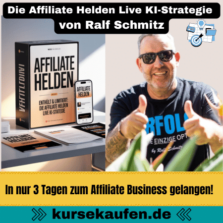 Die Affiliate Helden Live KI-Strategie von Ralf Schmitz – In 3 Tagen online Geld verdienen mit KI. Zu sehen ist das Produkt und Ralf Schmitz