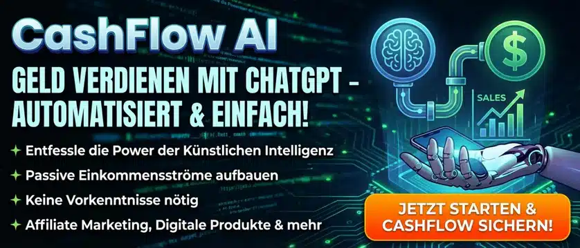 CashFlow AI von Florian Schäfer, KI System für Nebeneinkommen und Online Umsatz 4 CashFlow AI von Florian Schäfer. Das KI System für Nebeneinkommen. Digitales Komplettsystem mit sofortigem Zugang. Zu sehen ist eine Abbildung vom System