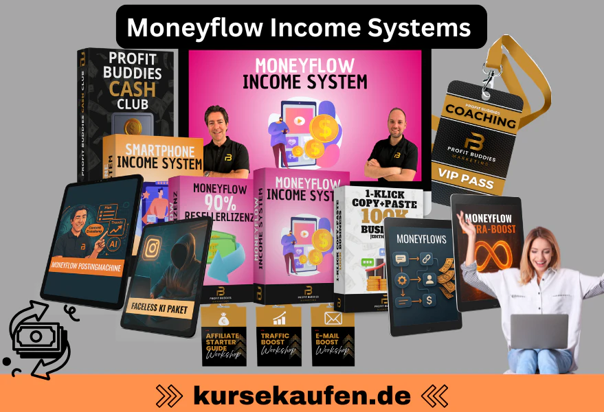 Moneyflow Income Systems von Profit Buddies und Katharina Kislewski 3 Moneyflow Income Systems von den Profit Buddies und Katharina Kislewski, 1 Klick System für automatisierte Leads. Zu sehen ist der komplette Kurs mit Boni als 3D Boxen
