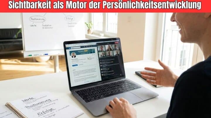 Sichtbarkeit als Motor der Persönlichkeitsentwicklung. Zu sehen ist eine Person, die sich ihren eigenen Kurs zum Thema Persönlichkeitsentwicklung ansieht.
