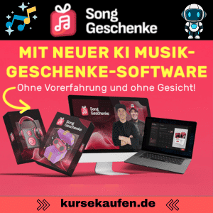 Songgeschenke von Sven Hansen und Mike Hager, KI Musik erstellen und online Geld verdienen. Zu sehen ist das Produkt auf einem Laptop, Bildschitm und Tablet
