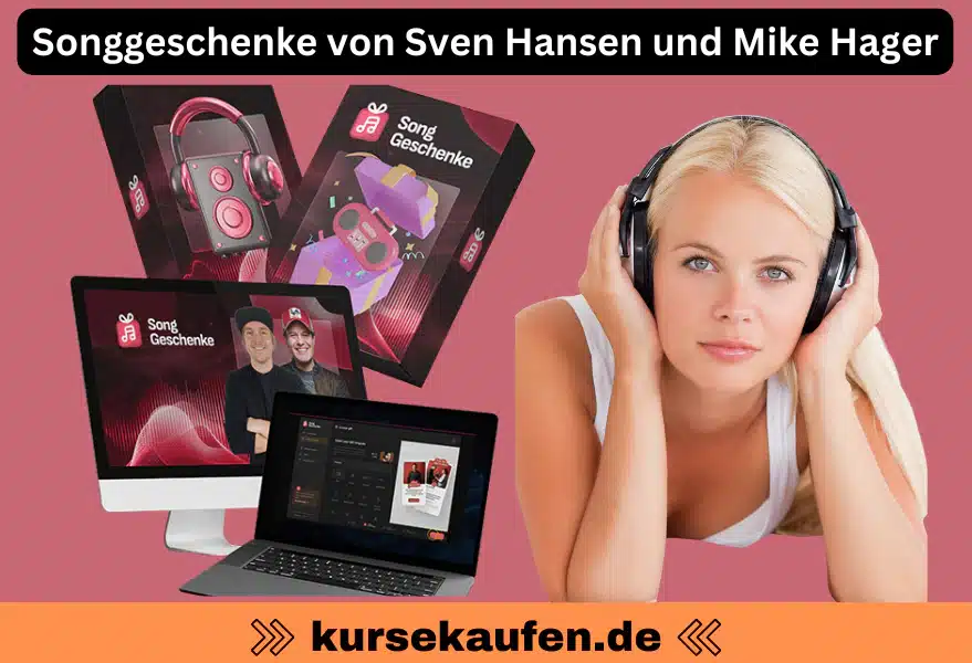 Songgeschenke von Sven Hansen und Mike Hager 3 Songgeschenke von Sven Hansen und Mike Hager, KI Musik erstellen und online Geld verdienen. Zu sehen ist das Produkt und eine Frau mit Kopfhörer, welche die Software besitzt