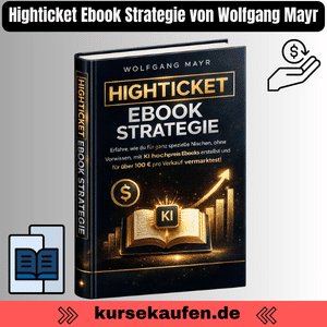Highticket Ebook Strategie von Wolfgang Mayr, Hochpreis Ebooks erstellen mit KI und verkaufen. Zu sehen ist ein E-Book im 3D Format