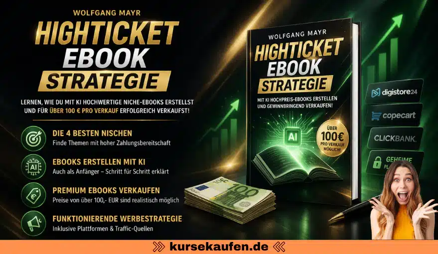 Highticket Ebook Strategie von Wolfgang Mayr 4 Highticket Ebook Strategie von Wolfgang Mayr, Hochpreis Ebooks erstellen mit KI und verkaufen. Die Vorteile des Kurs für die EBook erstellung mit Ki werden dargestellt.