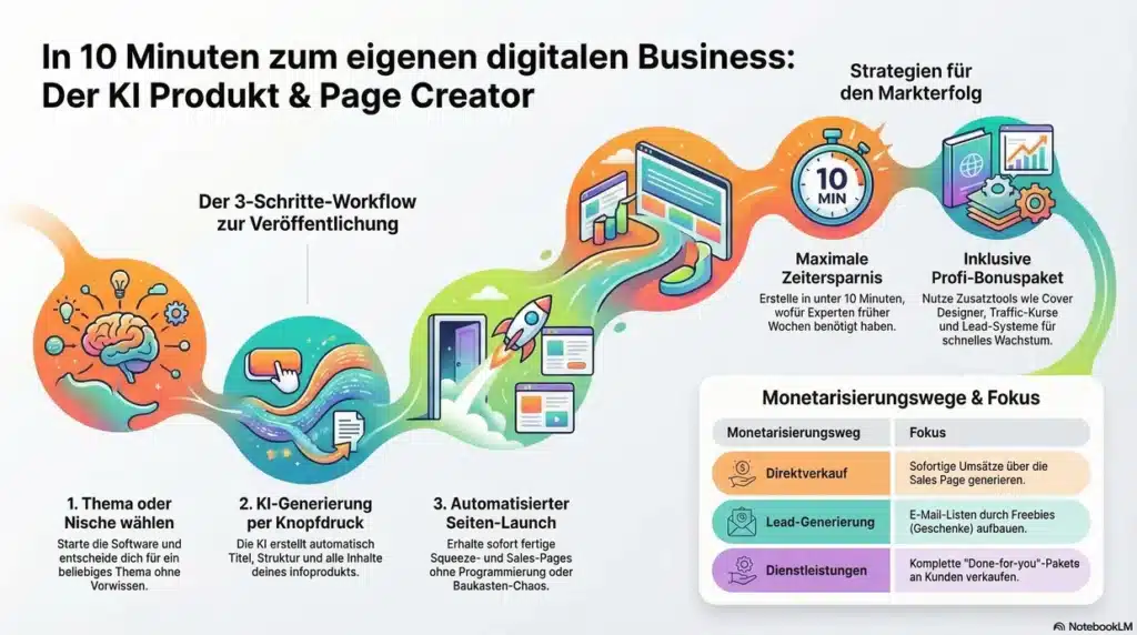 KI Produkt und Page Creator von Henry Landmann 5 KI Produkt und Page Creator von Henry Landmann Infokarte.Zu sehen ist, wie man in drei Schritten zum fertigen Produkt und Webseite kommt