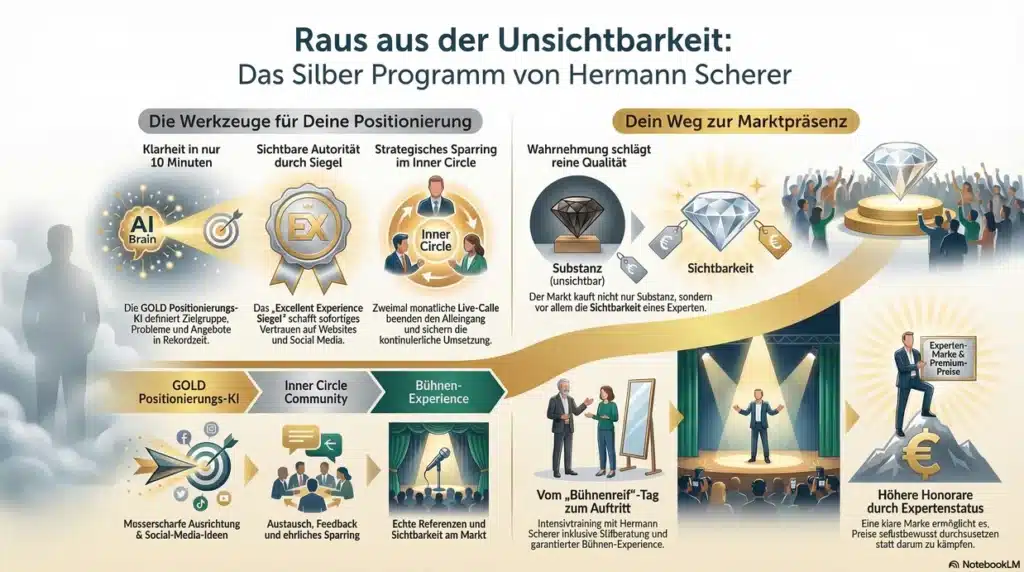 Silber Programm von Hermann Scherer 5 Das Silber Programm von Hermann Scherer bringt Dich aus Unsichtbarkeit zu klarer Positionierung, Bühne und echter Marktpräsenz, inkl. Community, KI und Siegel. Zu sehen ist eine Infografik über das Programm