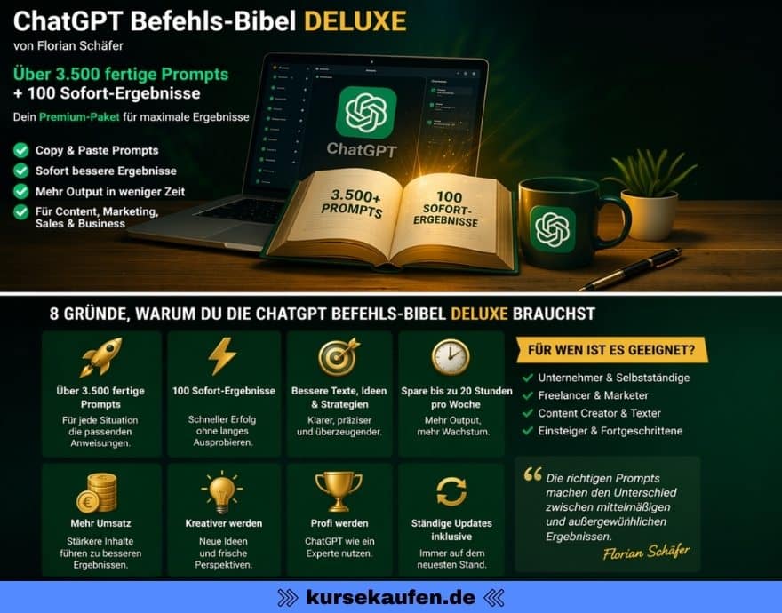 ChatGPT Befehls-Bibel Deluxe von Florian Schäfer 5 ChatGPT Befehls-Bibel Deluxe von Florian Schäfer Infografik. Alle Informationen des Produktes werden grafisch dargestellt.