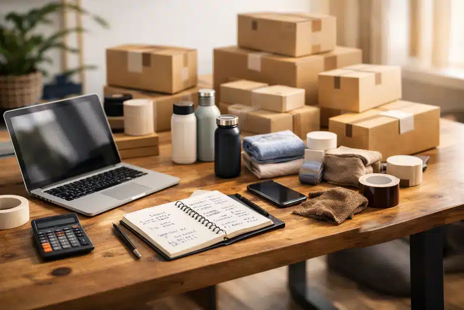 Dropshipping: Realistische Anleitung für Einsteiger mit Chancen, Risiken und Recht in Deutschland und der EU 9 Dropshipping Anleitung für Einsteiger. Dropshipping Kartons und Arbeitsplatz werden dargestellt