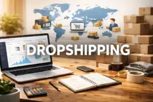 Dropshipping: Realistische Anleitung für Einsteiger mit Chancen, Risiken und Recht in Deutschland und der EU 1 Dropshipping Anleitung für Einsteiger. Ein Schreibtisch mit Dropshipping Kartons und Laptop zum arbeiten werden dargestellt