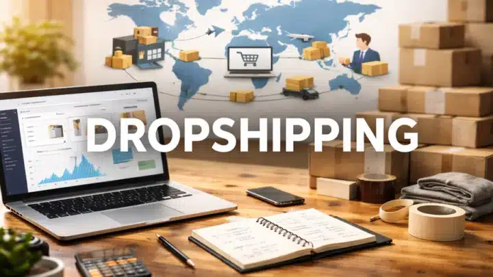 Dropshipping Anleitung für Einsteiger. Ein Schreibtisch mit Dropshipping Kartons und Laptop zum arbeiten werden dargestellt