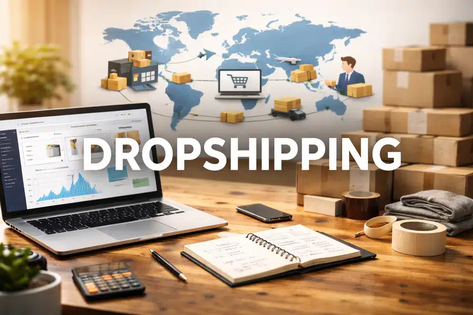 Dropshipping Anleitung für Einsteiger. Ein Schreibtisch mit Dropshipping Kartons und Laptop zum arbeiten werden dargestellt