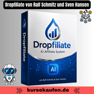 Dropfiliate von Ralf Schmitz und Sven Hansen, KI Affiliate System für Einsteiger. Die Software als 3D Box wird gezeigt