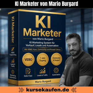 KI Marketer von Mario Burgard: VEBO, KI Marketing und Verkaufstexte für digitale Produkte. Zu sehen ist das Produkt als 3D Cover mit Mario Burgard darauf.