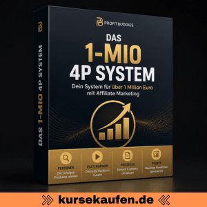 Das 1-Mio 4P System von Profitbuddies zeigt, wie du Affiliate Marketing mit Besucherströmen, KI Conversion und klarem Fahrplan aufbauen kannst. Zu sehen ist das Produkt als 3D Box