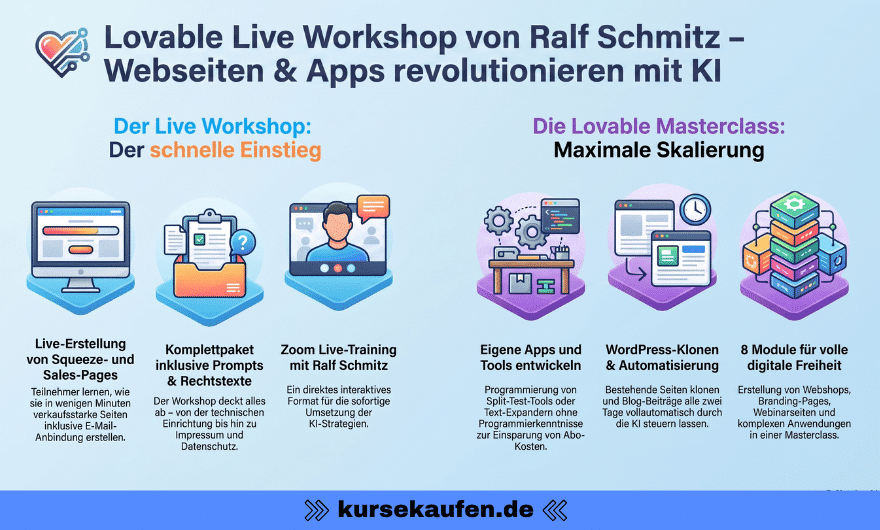 Lovable Workshop mit Ralf Schmitz Live - Webseiten und KI-Anwendungen einfach selbst erstellen 1 Lovable Workshop Live von Ralf Schmitz - Infografik. Der Workshop wird hier gezeigt