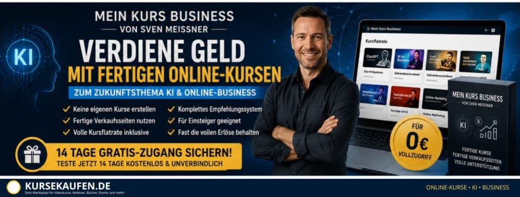 Mein Kurs Business von Sven Meissner 5 Entdecke Mein Kurs Business von Sven Meissner mit KI Kursflatrate, fertigen Salespages und 14 Tagen kostenlosem Zugang.