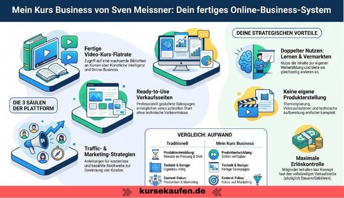 Mein Kurs Business von Sven Meissner 4 Entdecke Mein Kurs Business von Sven Meissner mit KI Kursflatrate, fertigen Salespages und 14 Tagen kostenlosem Zugang. Das Business wird als Infografik dargestellt