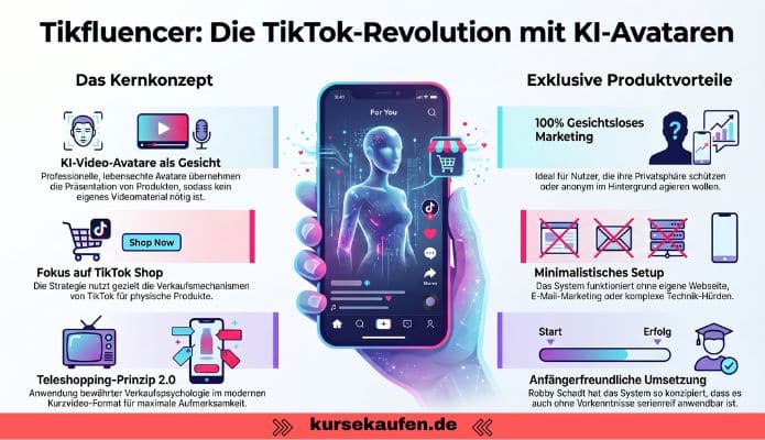 TikFluencer von Ralf Schmitz und Robby Schadt - Der TikTok Shop 3 TikFluencer von Ralf Schmitz und Robby Schadt, Affiliate Marketing mit KI-Avataren auf TikTok. Eine komplette Infokarte zum TikTok Shop ist zu sehen