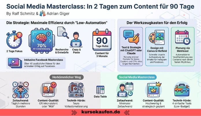 Social Media Masterclass von Ralf Schmitz und Adrian Giger 3 Social Media Masterclass von Ralf Schmitz und Adrian Giger. Entdecken: 9 Module, KI-Content-Workflow, Content Planung, Prompts, Designs und Social Media Strategien für Einsteiger.