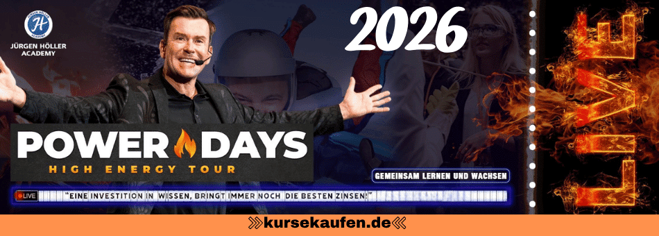 Power-Days 2026 von Jürgen Höller am 28. und 29.11.2026 in München - Olympiahalle. Zu sehen ist Jürgen Höller und das Ticket der Power-Days