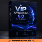 VIP Affiliate Club 6.0 KI-Edition von Ralf Schmitz 20 VIP Affiliate Club 6.0 KI-Edition von Ralf Schmitz. Affiliate-Marketing mit KI, Faceless-Strategien, 54 Modulen und sofortigem Vollzugriff. Zu sehen ist das Produkt als 3D-Box mit Informationen.
