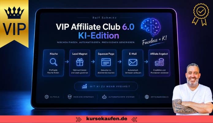 VIP Affiliate Club 6.0 KI-Edition von Ralf Schmitz 4 VIP Affiliate Club 6.0 KI-Edition von Ralf Schmitz. Affiliate-Marketing mit KI, Faceless-Strategien, 54 Modulen und sofortigem Vollzugriff. Zu sehen ist das Produkt Kurs auf einen Tablet mit Informationen.