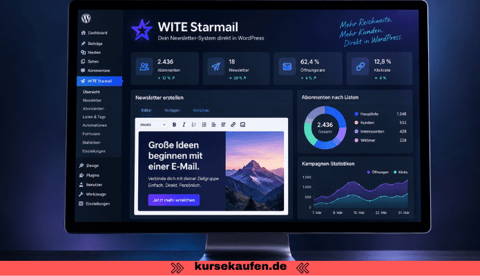 WITE Starmail von Wolfgang Mayr - Das Newsletter Plugin für WordPress 3 WITE Starmail von Wolfgang Mayr. Bringt Newsletter, Leads, Automationen, Segmente und Statistiken direkt in WordPress. Das Newsletter Plugin für WordPress. Zu sehen ist das Dashboard vom Newsletter Plugin unter WordPress