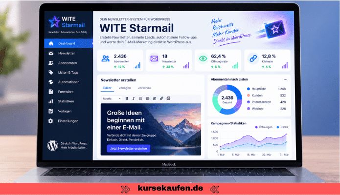 WITE Starmail von Wolfgang Mayr - Das Newsletter Plugin für WordPress 5 WITE Starmail von Wolfgang Mayr. Bringt Newsletter, Leads, Automationen, Segmente und Statistiken direkt in WordPress. Das Newsletter Plugin für WordPress. Zu sehen ist das Dashboard vom Newsletter Plugin unter WordPress