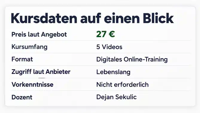 Dein Weg zur Mentalen Stärke von Dejan Sekulic 4 Dein Weg zur Mentalen Stärke von Dejan Sekulic. Es werden die Kursdaten angezeigt, was der Kurs beinhaltet