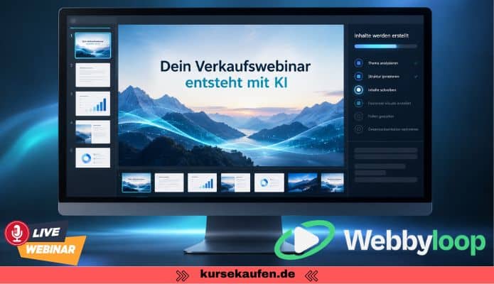 Webbyloop von Sven Hansen 3 Webbyloop von Sven Hansen erstellt KI Verkaufswebinare und automatisiert Chat, Erinnerungen und Nachfassmails. Entdecke Funktionen und Vorteile. Zu sehen ist die KI Webinar Software auf eienm Bildschirm