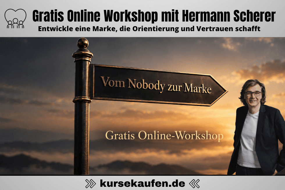 Live Online-Workshop mit Hermann Scherer. Vom Nobody zur Marke. Auf dem Bild ist Hermann Scherer und der Wegweiser zum Online-Kurs zu sehen
